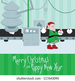 Funny christmas and happy new year postcard with elf painting the christmas toys on north pole present factory