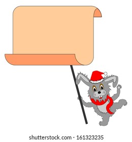 A funny Christmas hare with a big blank paper in his paws. Vector-art illustration