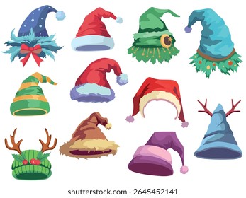 Funny christmas hats. Cartoon winter headwear, elf, dwarf, magician caps, holiday party photo booth props, new year event, traditional xmas costume, horn and ribbon bows, vector isolated set