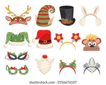 Funny Christmas hats. Happy New Year headwear. Holiday party props. Rabbit headbands. Santa caps. Xmas photo booth masks. Carnival costume accessory. Reindeer horns