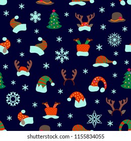 Funny Christmas hats. Seamless vector pattern with festive decorations. Trendy design for cards, packaging and textile. On dark background.