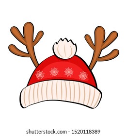 Funny Christmas holiday reindeer hat wearing with horns for noel sign. reindeer fur cap clothes, decoration xmas costume cartoon isolated vector icon on white