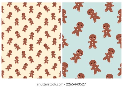 Funny Christmas Holidays Vector Seamless Patterns with Cute Gingerbread Man Cookie isolated on a Cream and Pastel Blue Background. Lovely Print with Sweet Gingerbread Cookies ideal Wrapping Paper.