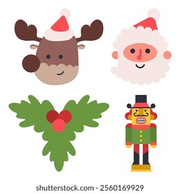 Funny Christmas icons vector cartoon set isolated on a white background.