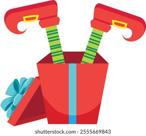 Funny christmas illustration featuring elf legs wearing red shoes and green striped socks, popping out of a red open gift box with a light blue bow
