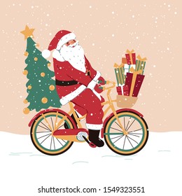 Funny Christmas illustration. Santa Claus on a bicycle with gifts. Holiday concept