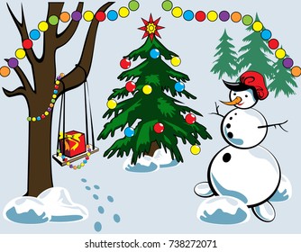 Funny Christmas Landscape with Trees, Electric Lights and Snowman