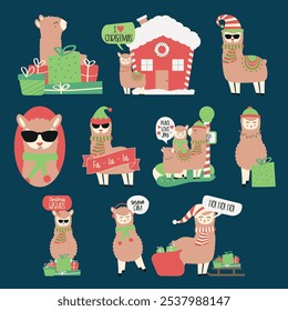 Funny Christmas Llama Clipart. Printable Holiday Stickers. Festive Christmas llama clipart with funny holiday llamas for cards, crafts, and stickers. Perfect for adding humor to holiday projects.