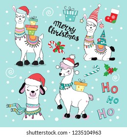 A funny christmas llamas with present on a blue background collection