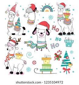 A funny christmas llamas set with present on a white background