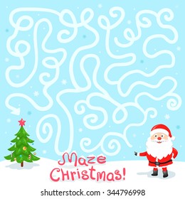 Funny Christmas Maze Game: Santa Claus Need Find the Way to the Christmas Tree. New Year Illustration