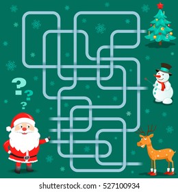 Funny Christmas Maze Game: Santa Claus is Choosing Christmas Friends. New Year Vector Illustration