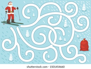 Funny Christmas maze. Help Santa Clause to find his bag. Winter children game. Vector illustration.