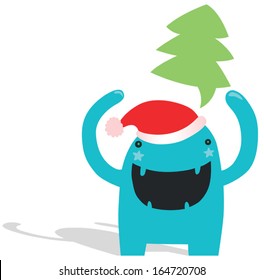 Funny Christmas Monster with Pine-Tree Speech Bubble