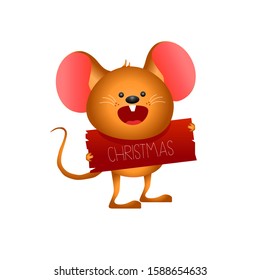 Funny christmas mouse with holiday poster. Vector illustration 