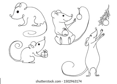 Funny Christmas mouse. outline drawing.Vector outline hand drawn illustration. Outline drawing new year set on white background.