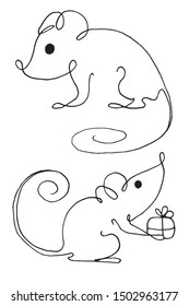 Funny Christmas mouse. outline drawing.Vector outline hand drawn illustration. Outline drawing new year set on white background.