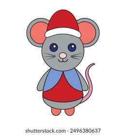 Funny Christmas mouse with Santa hat vector illustration