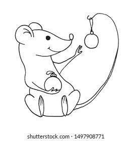 Funny Christmas mouse. Vector outline hand drawn illustration. Outline drawing, A separate element of the new year set. Isolated on white background.