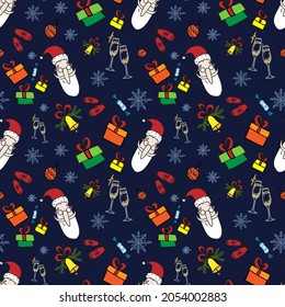 Funny Christmas and New Year doodle geometric seamless pattern on dark blue