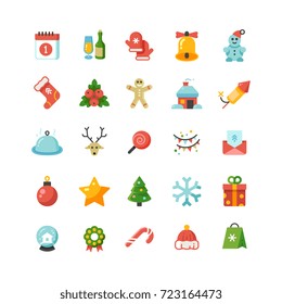 Funny christmas and new year holiday cartoon flat vector icons. Christmas elements icon collection illustration