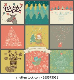 Funny Christmas and New Year set in vector. Deer with birds, Santa in forest, Snowman, holiday tree, cute cat with gifts and other funny Christmas cards and backgrounds