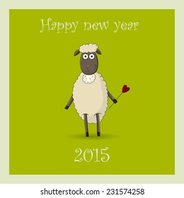 Funny Christmas and New Year's card 2015 with a cute sheep on a green background