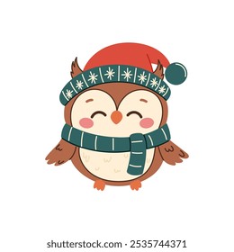 Funny Christmas owl wearing hat and scarf. Cute Christmas owl on a white background. Hand drawn style