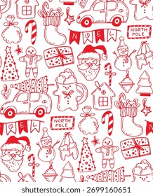 Funny Christmas pattern background - hand drawn doodle winter holidays illustration.