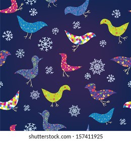 Funny christmas pattern with birds and snow - seamless