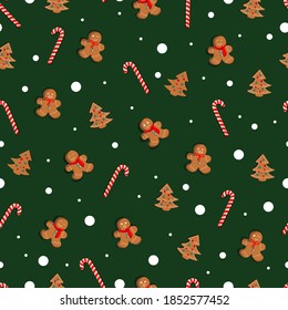 Funny Christmas pattern with cute cookies in the traditional style. Vector illustration