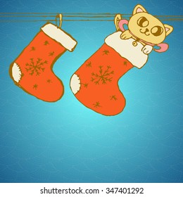 Funny Christmas pattern in the form of isolated small little kitten in a Christmas red sock in bright blue retro background.