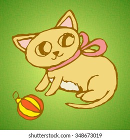 Funny Christmas pattern in the form of isolated small little kitten playing with Christmas toys on a bright green retro background.