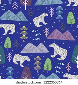 Funny christmas pattern with polar beer and winter forest. Vector illustration trendy for wrapping wallpaper and textile fashion read for print.