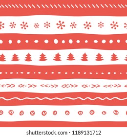 Funny christmas pattern with snowflakes, tree, dots. Seamless cute red and white color hand drawn striped texture. Vector design decor background.