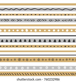 Funny christmas pattern with snowflakes, tree, dots. Seamless cute gold silver black color hand drawn striped texture. Vector design decor background.