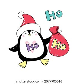 Funny christmas penguin in santa claus hat and ho-ho lettering. Vector illustration for new year winter holidays