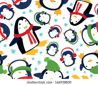 Funny Christmas Penguin Seamless Background