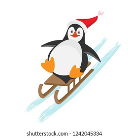 Funny Christmas penguin sledding  down winter hills. Flat Vector  cartoon isolated  illustration with texture. Can be used as postcards, posters, greeting cards