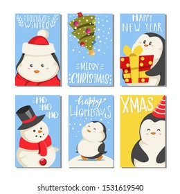 Funny Christmas penguin vector card template set isolated on a white background.