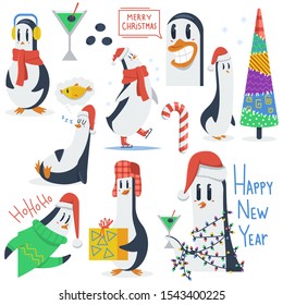 Funny Christmas penguin vector cartoon characters set isolated on a white background.