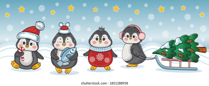 Funny christmas penguins cartoon characters set. Group cute baby arctic animals in New Year clothes with christmas tree. Hand drawn winter holiday сhildrens illustration. Vector greeting card.