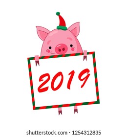 Funny Christmas pig. Merry Christmas. Symbol of the 2019 year. Christmas vector illustration in a cartoon style. Winter symbol. Christmas and New Year design element. 