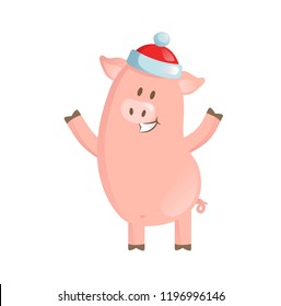 Funny christmas pig in red hat character. Colorful flat vector illustration. Isolated on white background.