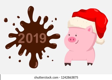 Funny Christmas Pig in Santa Claus hat. 2019 Happy New Year greeting card template. Vector cartoon holiday illustration isolated on white background.