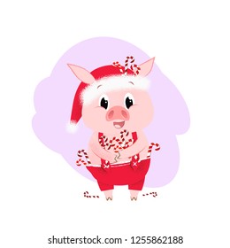 Funny Christmas piggy with pile of candy canes. Christmas gifts and sweets concept. Vector illustration can be used for flyers, greeting cards, party invitations