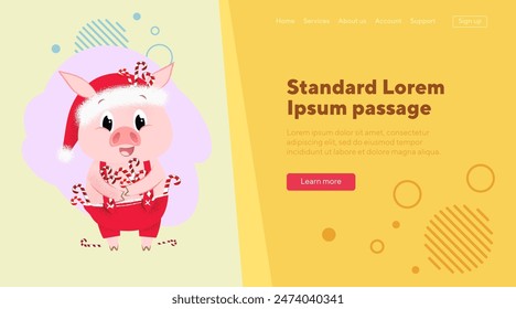 Funny Christmas piggy with pile of candy canes. Christmas gifts and sweets concept. Vector illustration can be used for banner or landing page