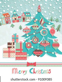 Funny Christmas postcard with fir tree. Vector illustration.
