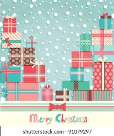Funny Christmas postcard with pile of gifts. Vector illustration.