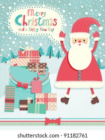 Funny Christmas postcard with Santa Claus. Vector illustration.